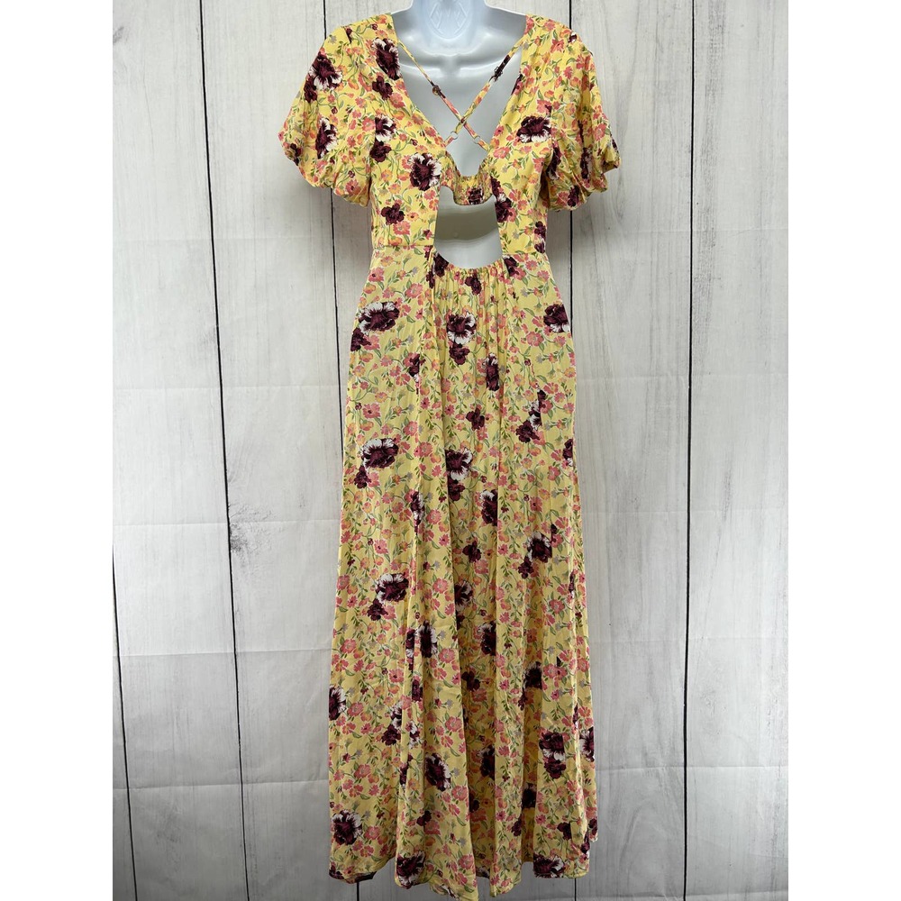 Mason & Belle Criss Cross Open Back Puffy Sleeve Floral Maxi Dress Like New